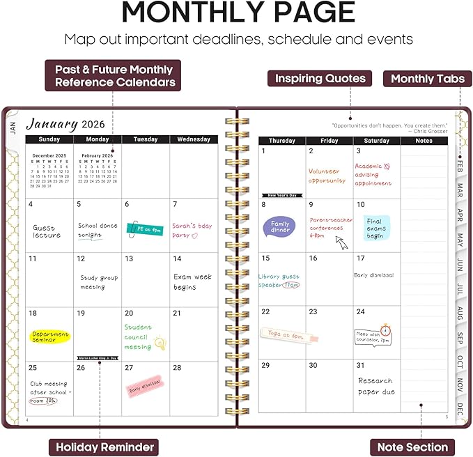 2026 Planner, Weekly and Monthly Calendar Planner, January 2026 - December 2026, Hardcover 2026 Calendar Book with Tabs For Women & Men, Inner Pocket, Spiral Bound, Perfect for Office Home School Supplies - A5 (6.3" x 8.5"), Burgundy