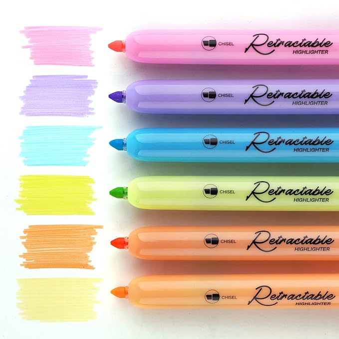 WRITECH Retractable Highlighters Assorted Colors: Chisel Tip Click Aesthetic Highlighter Marker Pens Pack Multi Colored Ink No Bleed Smear for Highlighting Journaling (6ct Pastel)