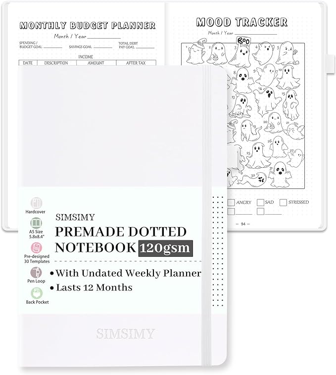 Premade Dotted Journal Notebook, Pre-made Dot Grid Notebook with Undated Weekly & Monthly Planner, Trackers, Bullet Templates - 12 Months Organization, 237 Numbered Pages A5 Hardcover Leather