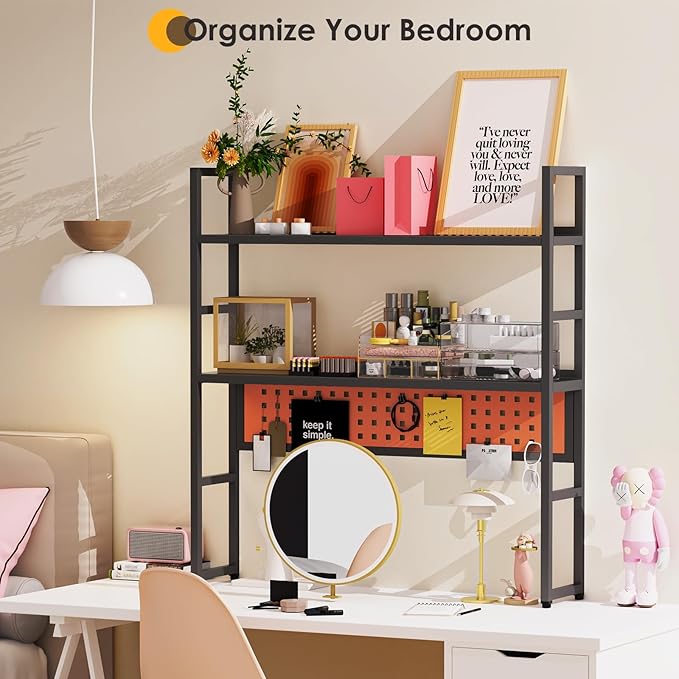 Desk Shelf, 35.43" Desk Hutch Bookshelf, Desktop Shelf with Pegboard for Computer Monitor, Metal Desktop Hutch Storage Organizer for Dorm Home Office, 2 Tier Bookcase, Black