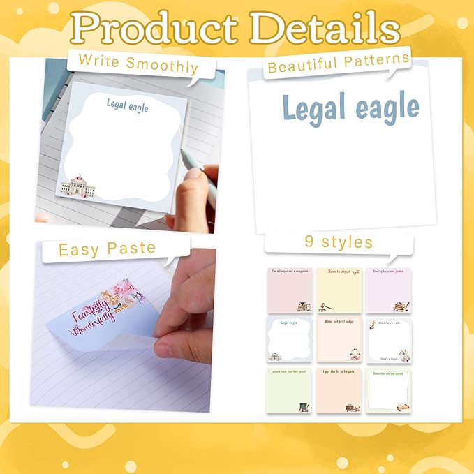 Lawyer Sticky Notes Gifts - 9 Pack Attorney Notepads 3x3 Inches, Funny Lawyer Gifts for Women Men, Law Self-Stick Memo Pads, Legal School Office Supplies (450 Sheets)