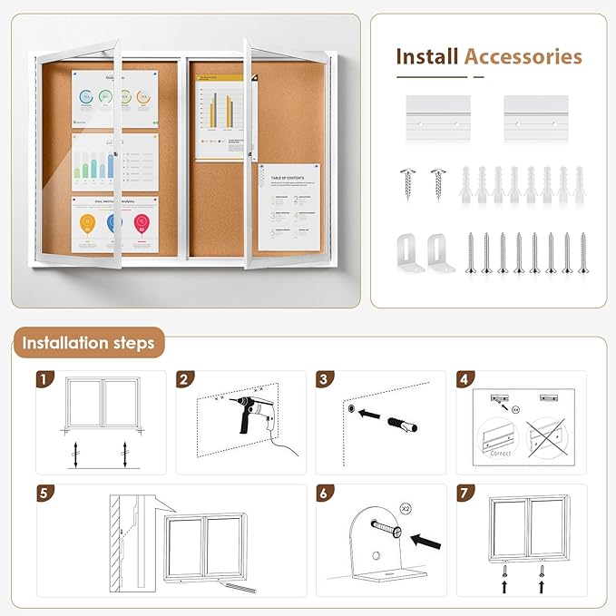 SWANCROWN Weather Resistant Enclosed Bulletin Board Cork Displays Boards Wall Mounted Notice Case with 2 Locking Door,43x31 inches