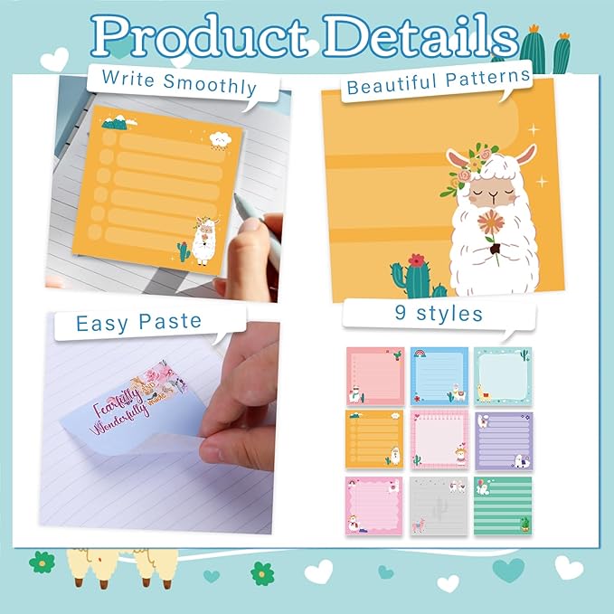 Alpaca Sticky Notes Gifts, 9 Pack Colorful Llama Notepads 3x3 Inch, Mexican Camel Self-Stick Memo Pad Office School Supplies Gifts for Women Men (450 Sheets)