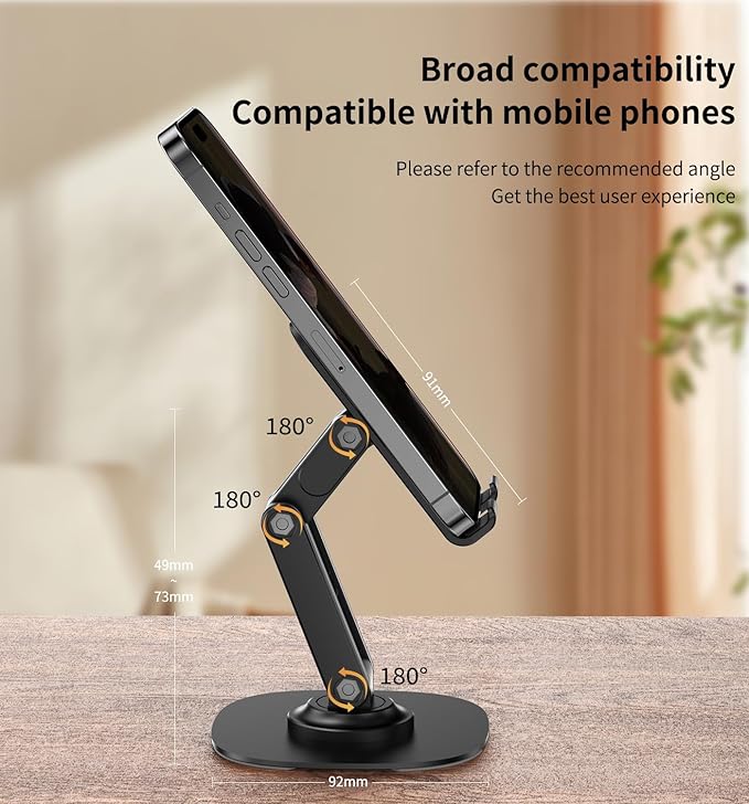 360° Degree Rotating Mobile Phone Holder,Fully Adjustable Foldable Desktop Phone Holder Stand Base,Foldable Desktop Cell Phone Stands for iPhone17 16 15 Pro Xr Xs Max X Plus iPad Samsung(K69-Black)