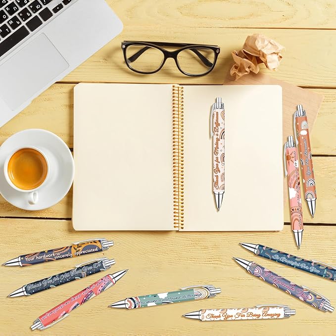 Idealmuzik Employee Appreciation Ballpoint Pens, 10 Pack – Bohemian Rainbow Inspirational Pens with Encouraging Quotes – Smooth Writing Pens for Office, Team Gifts, Staff Recognition, and Daily Use