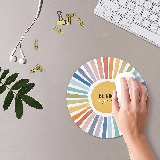 Boho Colorful Rainbow Sun Mouse Pad,Be Kind To Your Mind Cute Rainbow Sunshine Mouse Pads Mousepad for Desk Home Office Dorm Computers Laptop, Boho Office Supplies Desk Accessories, 7.9x7.9 Inch