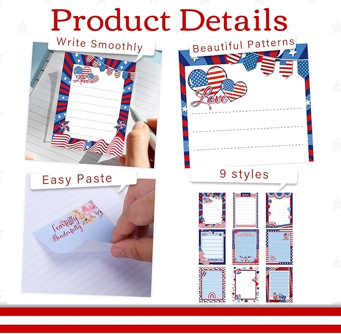 Patriotic Sticky Notes Gifts - 9 Pack Red White Blue Sticky Notes 3x4 Inches, Proud to Be an American Self-Stick Memo Pads, National Memorial Veterans Day Office Supplies, 450 Sheets