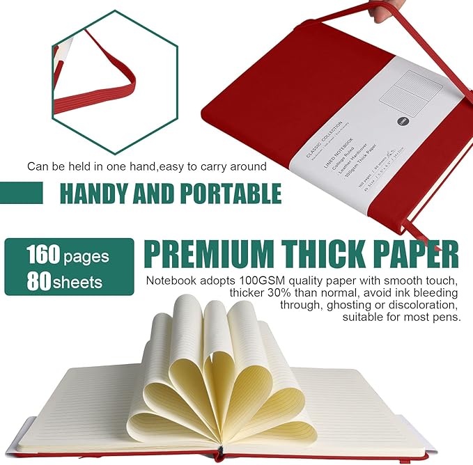 Lined Journal Notebook – Hardcover Notebook for Men & Women – Journals for Writing, Work, School, Home & Daily Notes, 160 Pages – Medium A5, 5.7"x8", 100 gsm Thick Paper (Red)