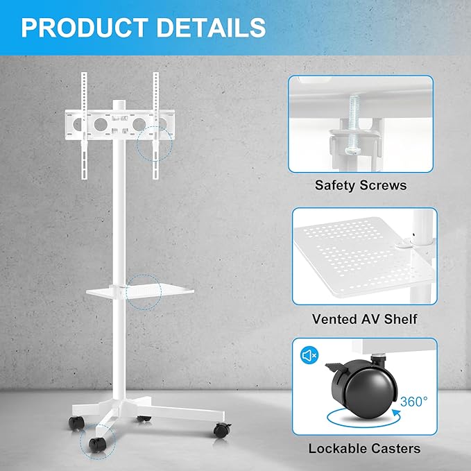 Mobile TV Carts on Wheels for 21-60 Inch Flat/Curved Panel Screens TVs - Height Adjustable Floor Trolley Stand with Shelf Holds up to 77lbs - Max VESA 400x400mm, White