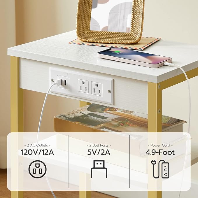 HOOBRO Side Tables Set of 2 with Charging Station and USB Port, Small End Tables for Small Space, 3-Tier Nightstands with Adjustable Shelf, for Living Room, Bedroom, White and Gold DW112BZP201G1