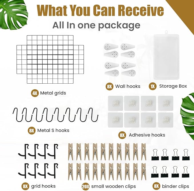 Metal Wire Wall Panel, Wire Mesh Organizer, 17.3"×11.8" Black Wall Grid, 4-Pack with Clips and Hooks