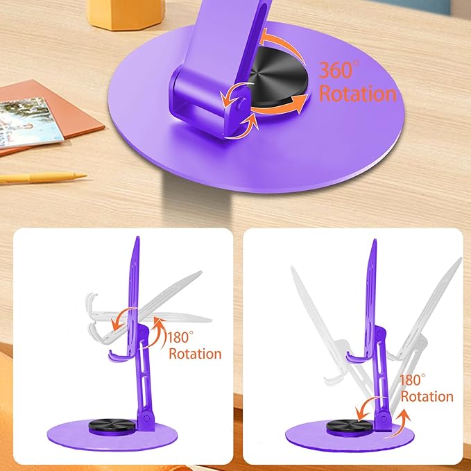 Universal Metal Cell Phone Stand, Multi-Angel Adjustable 360° Rotation Non-Slip Metal Phone Stand Compatible with iPhone 17 16 Pro Max and All Smartphones (Purple&Purple)