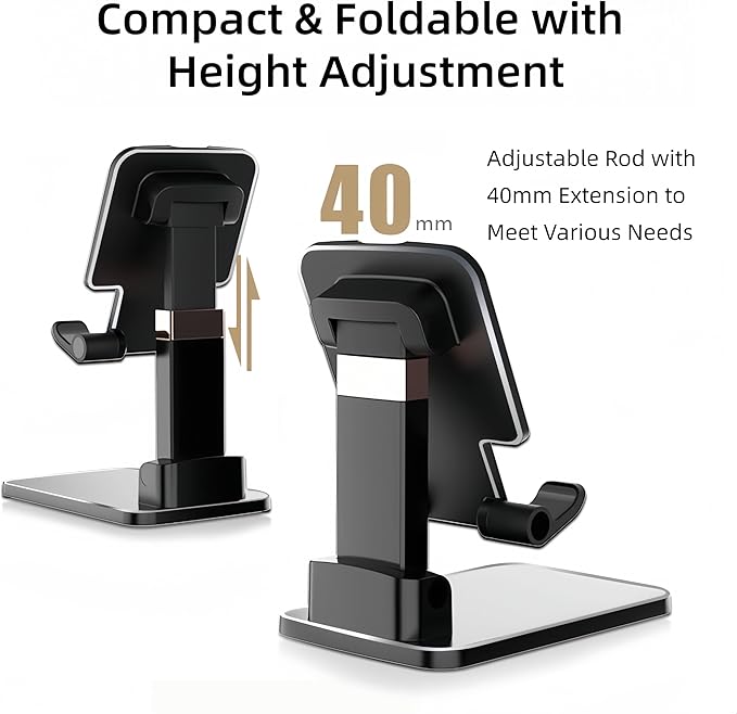 Foldable & Height Adjustable Phone Stand for Desk, Super Stable Cell Phone Holder, Universal for iPhone/iPad/Tablets, Portable Pocket-Sized Stand for Home Office Kitchen - Black