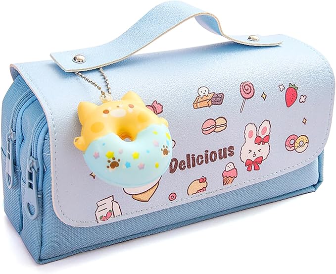 Pencil Case for Girls, Kids Large Capacity Cute Pencil Box with Compartments School Organizer Pen Pouch (Doughnut Blue)