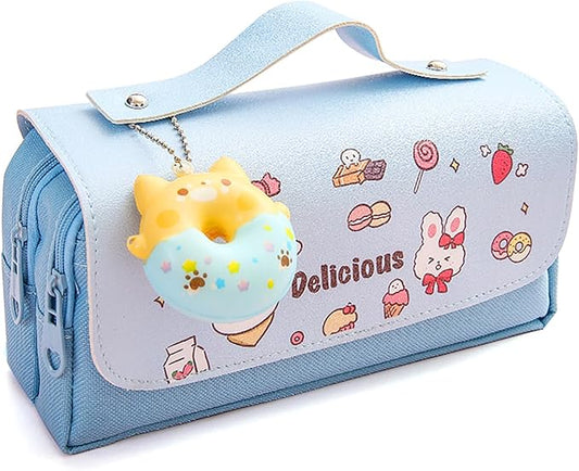 Pencil Case for Girls, Kids Large Capacity Cute Pencil Box with Compartments School Organizer Pen Pouch (Doughnut Blue)