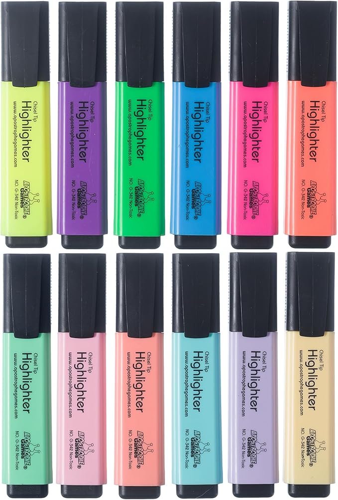 Apostrophe Games 12 Highlighters, Chisel Tip Assorted Color Set, Fluorescent and Pastel Colors - Dry-Quickly Non-Toxic Highlighter Markers, Office, School Supplies