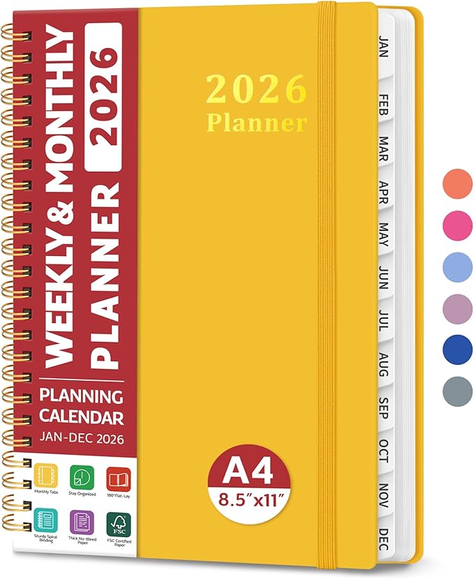 2026 Planner, Weekly and Monthly Calendar Planner, January 2026 - December 2026, Hardcover 2026 Calendar Book with Tabs For Women & Men, Inner Pocket, Spiral Bound, Perfect for Office Home School Supplies - A4 (8.5" x 11"), Yellow