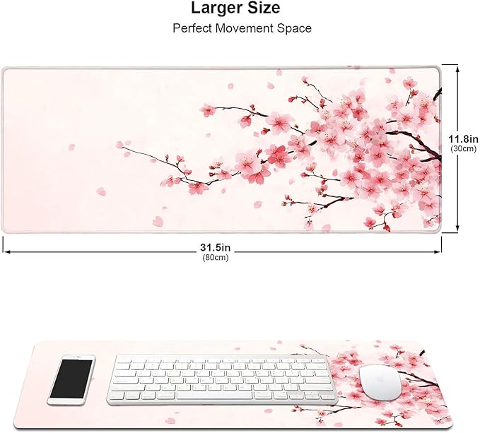 Pink Cherry Blossom Japanese Large Mouse Pad, Desk Mat Computer Keyboard Pad Non-Slip Rubber Base Waterproof with Stitched Edges for Laptop Gaming, Office & Home 31.5 x 11.8 Inch