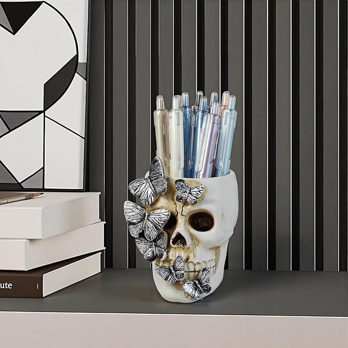 Skull Pen Holder Desk Organizer, Halloween Decor Skull Pencil Cup for Office Home School, Compact Gothic Desk Accessories Gift for Skull Lovers