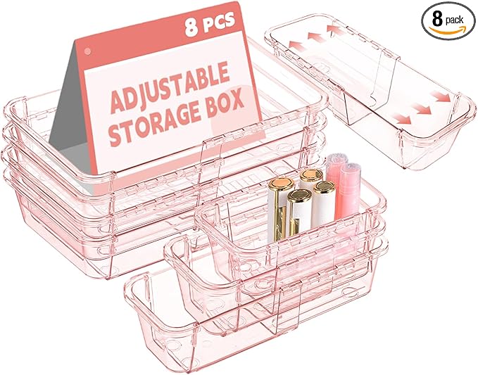 8 Pcs Mixed Extendable Clear Drawer Organizer, All Adjustable Vanity Storage Box, 2-Size Desk Drawer Organizer, Acrylic Storage Bins for Makeup, Bedroom Dressers Tool Organizer for Gadgets, Pink