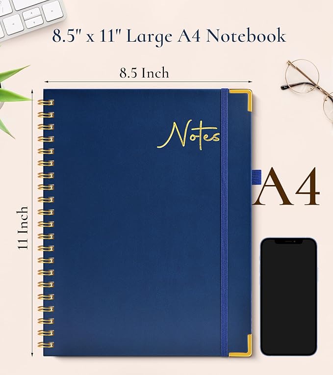Hardcover Spiral Notebook Journal 8.5” x 11”, A4 Large Leather Notebooks for Women Men, Lined College Ruled Notebook, 100 GSM Paper, Spiral Bound Journals for Work School Note Taking Business, Navy