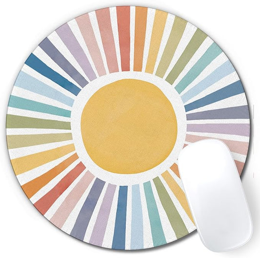 Boho Colorful Rainbow Sun Mouse Pad, Cute Rainbow Sunshine Mouse Pads Mousepad for Desk Home Office Dorm Computers Laptop, Boho Office Supplies Desk Accessories, 7.9x7.9 Inch