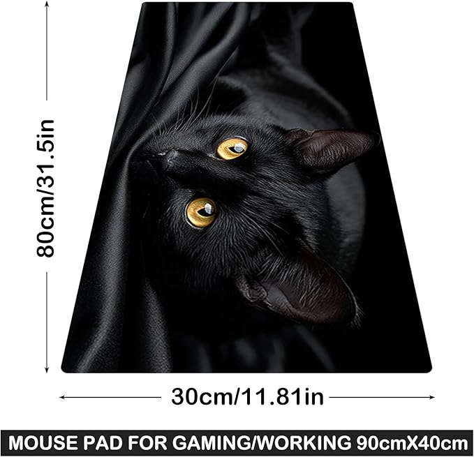Nuxovilar Black Cat Large Mouse Pad Gaming Mouse Pad Polyester 11.8x31.4 Inches for Home, Office, Gaming Space, Elegant Decor for Cat Enthusiasts