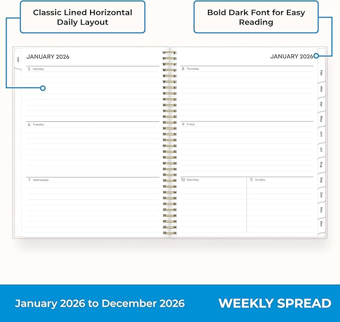 Blue Sky 2026 Weekly and Monthly Planner Calendar, January 2026 - December 2026, 8.5" x 11", Flexible Cover, Laminated Tabs, Durable Twin Wire Binding, Storage Pocket, Laurel
