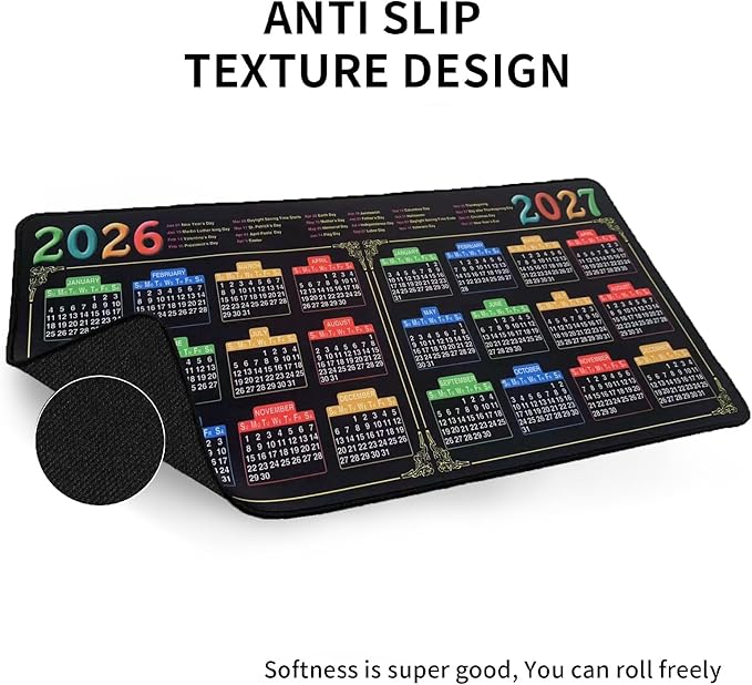 Mouse Pad with Stitched Edge, Black Mousepad, 2026 Calendar Pad, Computer Mouse Mat with Non-Slip Rubber Base, 2027 Calendar Mouse Pad (Black, 23.6 * 11.8 inches)
