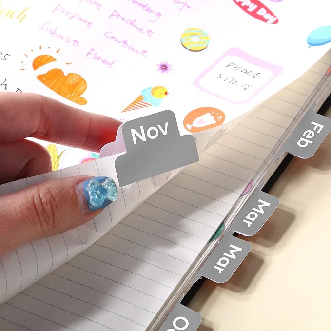Outus 24 Pieces Monthly Adhesive Tabs for Planner - Designer Accessories Monthly Tabs Stickers Decorative for Office Planners Organizations Sturdy Notebook Planners Journal(Grey)