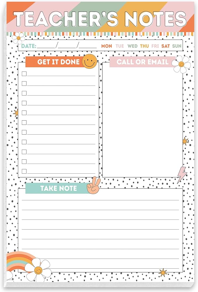 Teacher Gifts, Gifts for New Teachers, Retro Groovy Teacher Notepad, To-Do List Notepad, Stationery Must-Have Supplies for Preschool, Elementary, Middle, and High School Teachers