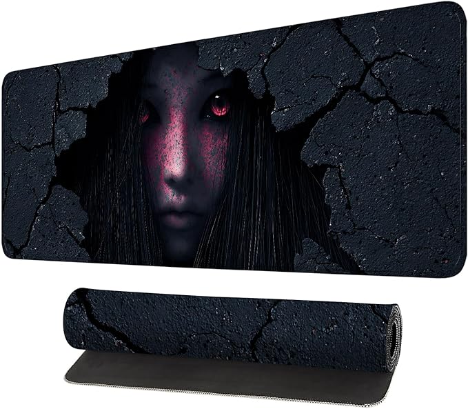 Desk Mat, XXL Extended Gaming Pad for Desktop, 31x12 Inches Horror Theme Figure Breaking Through Wall, Large Non-Slip Vegan Leather Surface with Stitched Edges, Keyboard Mouse Mat for Home Office