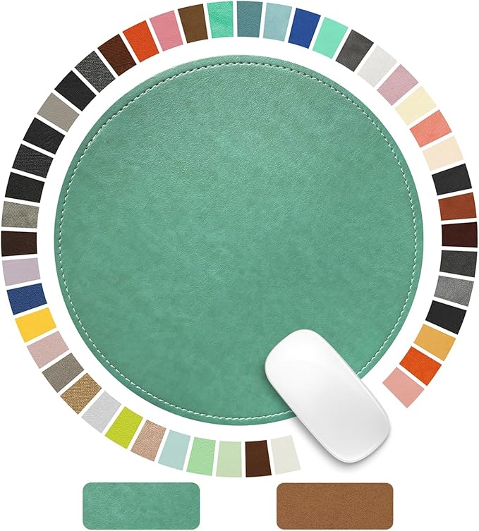 Mouse Pad，Round Mouse Pad，PU Mouse Pad，Leather Mouse Pad with Stitched Edge Micro-Fiber Base with Non-Slip Waterproof，Mouse Pad for Computers，Laptop，9 x 9 Inch (Turquoise)