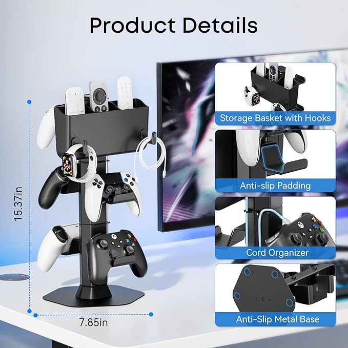 Headphone and Controller stand, Headphone Stand for Desk, PS5/PS4/Xbox/Switch Game Controller Holder, Gaming Headset Stand with Storage Box and Two Hooks for Remote Control Watch Cable Key Chain