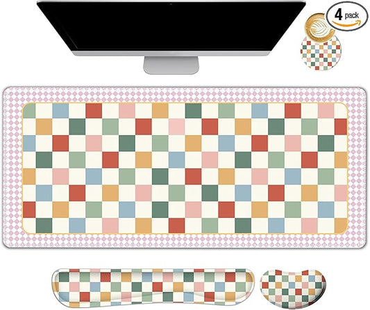 Vintage Macaron Checker Mouse Pad Set, 4 in1 Ergonomics Keyboard Desk Mat with Memory Foam Wrist Rest, Extended Game Mousepad, Large Gaming Non-Slip Desk Pad Matt Easy Typing Pain Relief