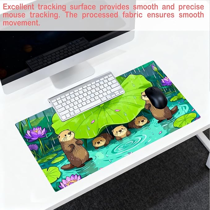 Nuxovilar Professional Large Mouse Pad & Computer Game Mouse Mat (35.4x15.7IN, Otters Under Lotus Leaf Art) (90 * 40cm Otters & Lotus Leaf)