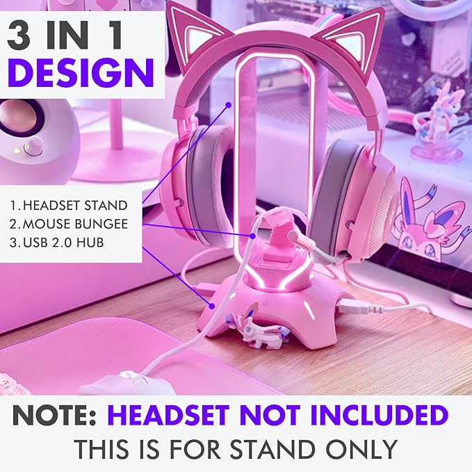 Tilted Nation Cute Headphone Stand Pink | Headset Stand with RGB, Mouse Bungee Holder, and 2 Port USB Hub Charger - Desk Gaming Accessories