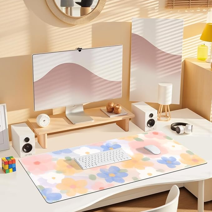 Floral Desk Pad Mouse Pad, Large Gaming Mouse Mat with Stitched Edges, Non-Slip Waterproof Rubber Base Mous Mat for Office Computer Keyboard Laptop Home Decor Women Girl (35.4X17.5 in), Watercolor