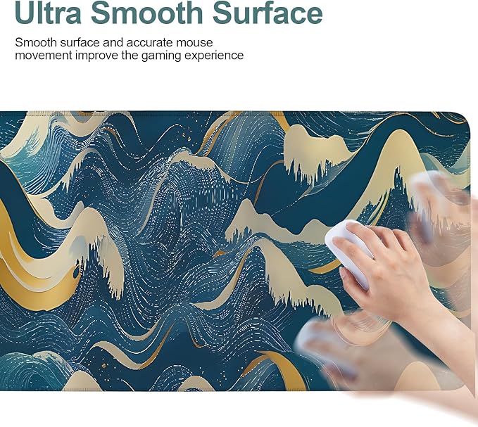 Abstract Waves Extended Mouse Pad XL 31.5"x11.8" – Elegant Blue Gold Desk Mat – Non-Slip Rubber Base, Stitched Edges