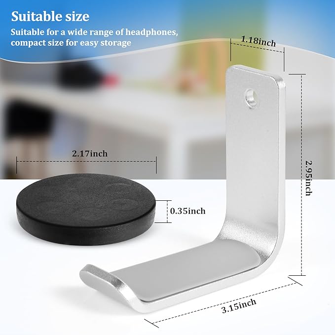 Magnetic Headphone Holder, Aluminum Headset Hooks, Headphone Hanger for Desk & Table, Headphone Mount Stand with Rubber Pad, Compatible with All Computer/Gaming Headsets (Silver)
