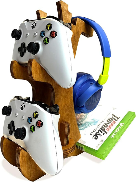 Wooden Controller Stand - Dual Game Controller Holder, Headphone Hanger and Phone Stand - Universal Gaming Acessories and Gamer Gift - Portable Headset Storage Organizer