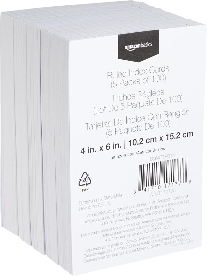 Amazon Basics Ruled Lined Index Cards for Notes, Studying, Flash Cards, White, 4" x 6", 100 Count (Pack of 60)