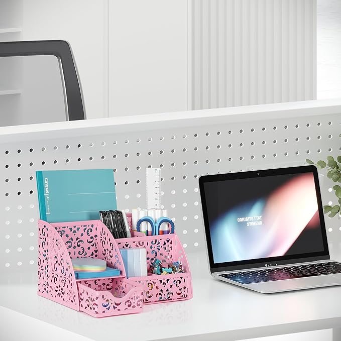 EasyPAG Pen Holder Desk Organizer with Drawer Pencil Cup for Desk 6 Compartments Metal Office Caddy Storage with Sticky Notes Holder for School Home Office, Pink