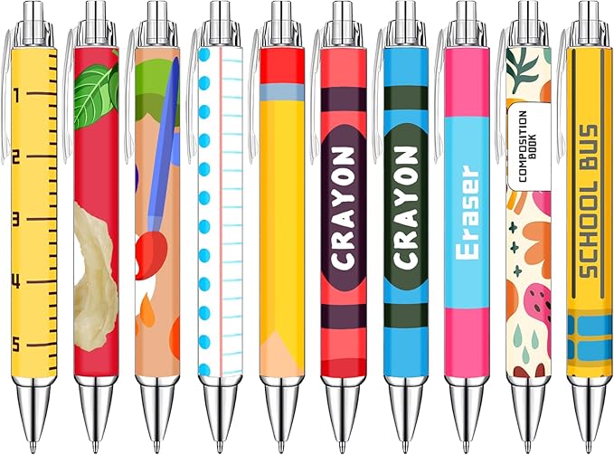 Teacher Appreciation Week Ballpoint Pens Set of 10 – Colorful Crayon-Inspired Teacher Theme Pens with Classroom Supply Designs – Smooth Black Ink Pens for Classroom, Office, and Thank You Gifts