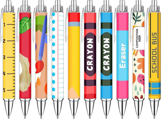 Teacher Appreciation Week Ballpoint Pens Set of 10 – Colorful Crayon-Inspired Teacher Theme Pens with Classroom Supply Designs – Smooth Black Ink Pens for Classroom, Office, and Thank You Gifts