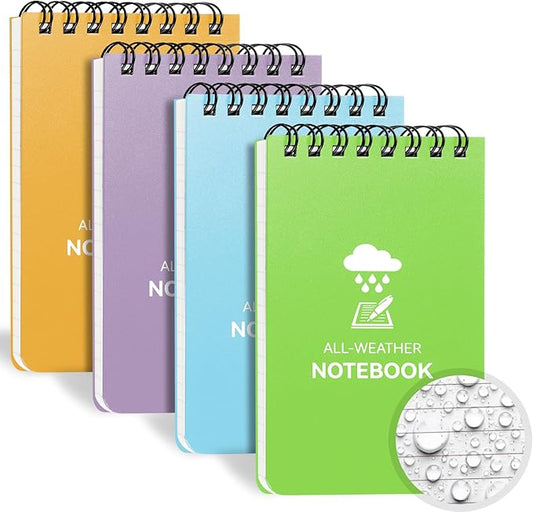Waterproof Notebook, 4 Pack Top-Spiral Pocket Notepad, 3" x 5" Weatherproof NotePad, All Weather Police Pocket Notebook Little Memo Steno Note Pads for Outdoor Office School Recording, Mixcolor