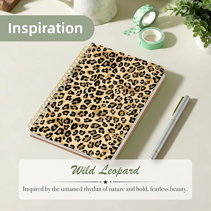 Stanoha Cute Spiral Notebook A5 Journal for Women Girls Kawaii Aesthetic Pretty Floral Design with Pocket, 8.5 x 5.7 inch, Graph, Leopard Print