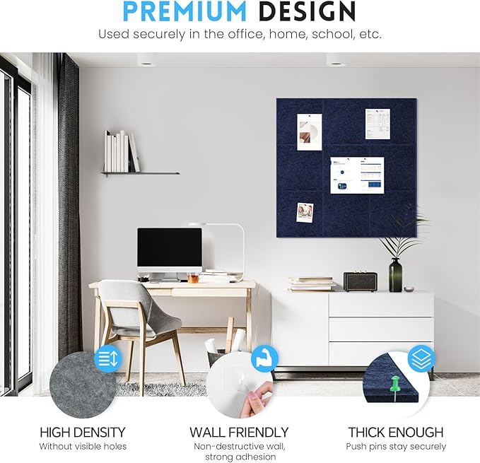 Large Cork Bulletin Board for Wall 48"x36", 12 Pack Felt Wall Tiles with 80 Pushpins, 60 Safe Removable Adhesive Tabs, Decorative Pin Board Tack Board for Office Home School, Dark Blue