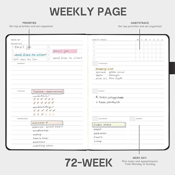 And Per Se Undated Planner – A5 Leather Hardcover Weekly & Monthly Goal Planner for 72 Weeks (1.5 Years) – with Goal & Habit Tracker (Black)