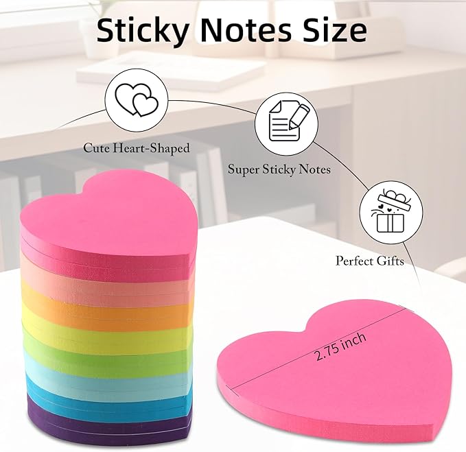 Heart Sticky Notes 8 Colors 60 Sheets/Pad, 960 Sheets Colorful Self-Stick Note Pads Stationary Cute Desk Accessories Office School Teacher Supplies Teacher Valentine Gift Accessories for Coworkers